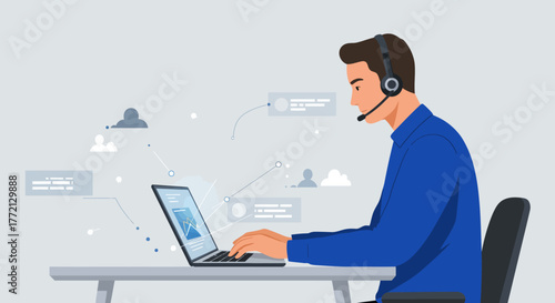 Customer Service Representative Working on Laptop with Headset.