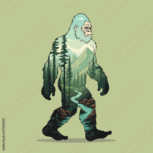 Bigfoot Forest Art  Double Exposure Sasquatch Mountain Landscape Illustration