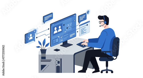 Customer Service Representative Working on Computer with Headset.