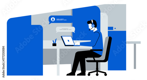 Customer Service Representative Working on Laptop with Headset.