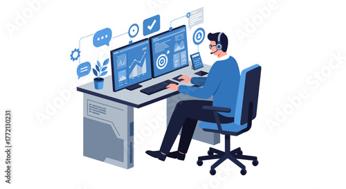 Man Working at Desk with Computer Monitors.