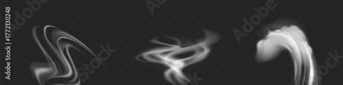 Realistic white cloud or fire smoke in the sky and vector weather element on transparent background. Chimney smoke, fog wave or cloud pattern with overlay effect. Cloud art or smoky air illustration.