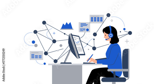 Customer Service Representative Working at Computer Desk.