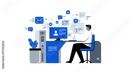 Customer Service Representative Working at Computer Desk.