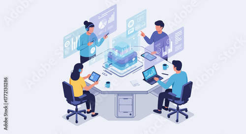 Team Analyzing Data with Futuristic Technology in Meeting.