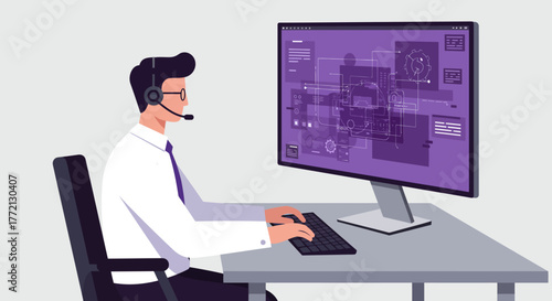 Customer Service Representative Working on Computer with Headset.