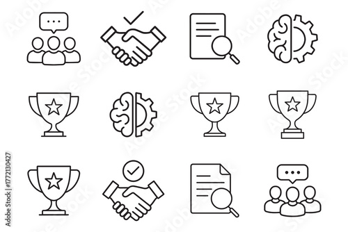 Business Cooperation Icon Set, Outline symbols for partnership, teamwork, agreement, handshake, support, alliance, and strategic collaboration.