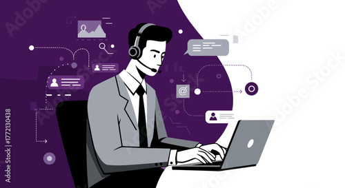 Customer Service Representative Working on Laptop with Headset.