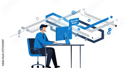 Customer Service Representative Working at Computer Desk.