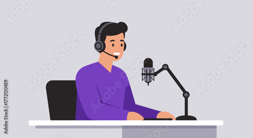 Smiling Podcaster with Microphone and Headphones Illustration.