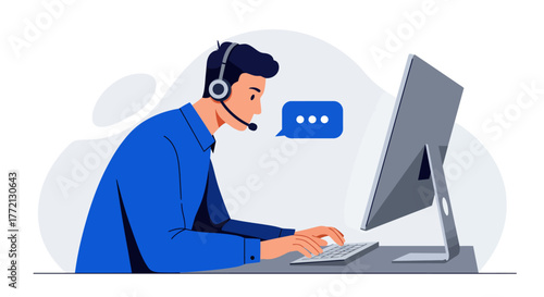 Customer Service Representative Working on Computer with Headset.