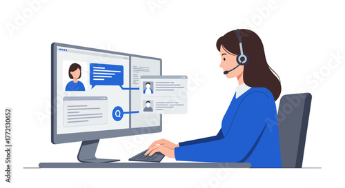 Customer Service Representative Working on Computer with Headset.