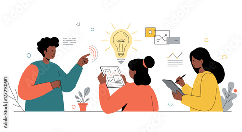 Diverse Team Brainstorming Ideas with Lightbulb Symbol.