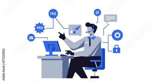 Customer Service Representative Working at Computer Desk.