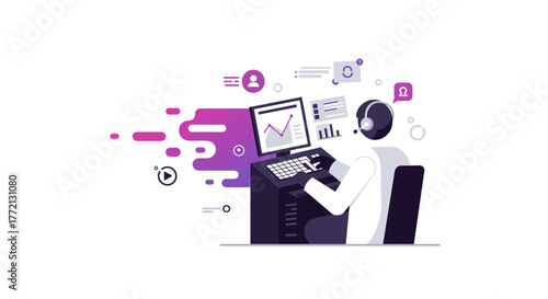 Customer Service Representative Working at Computer Station.