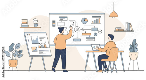 Business Team Analyzing Data on Whiteboard and Laptop.