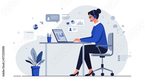 Female Customer Service Representative Working at Desk.