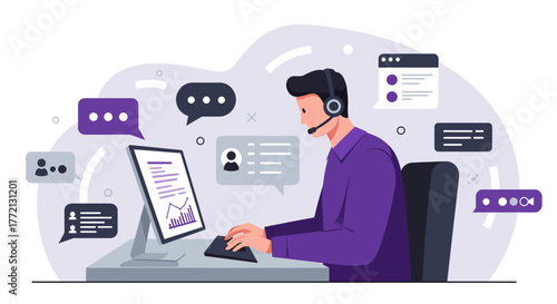 Customer Service Representative Working on Computer with Headset.