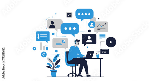 Customer Service Representative Working on Laptop with Headset.