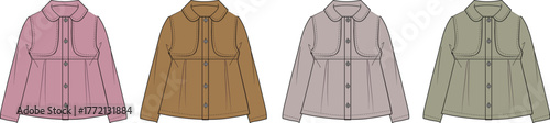 Fashion design template featuring a technical flat drawing of a long-sleeve women's blouse with a capelet and Peter Pan collar in various colorways