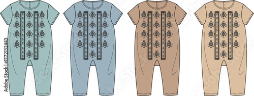 A collection of colorful baby romper flat technical sketches featuring an elegant, traditional embroidered pattern on the front placket