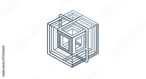 Abstract Cube Structure with Intertwined Lines in a Geometric Design.