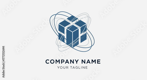 Abstract Blue Cube with Orbiting Lines Representing Data and Technology.