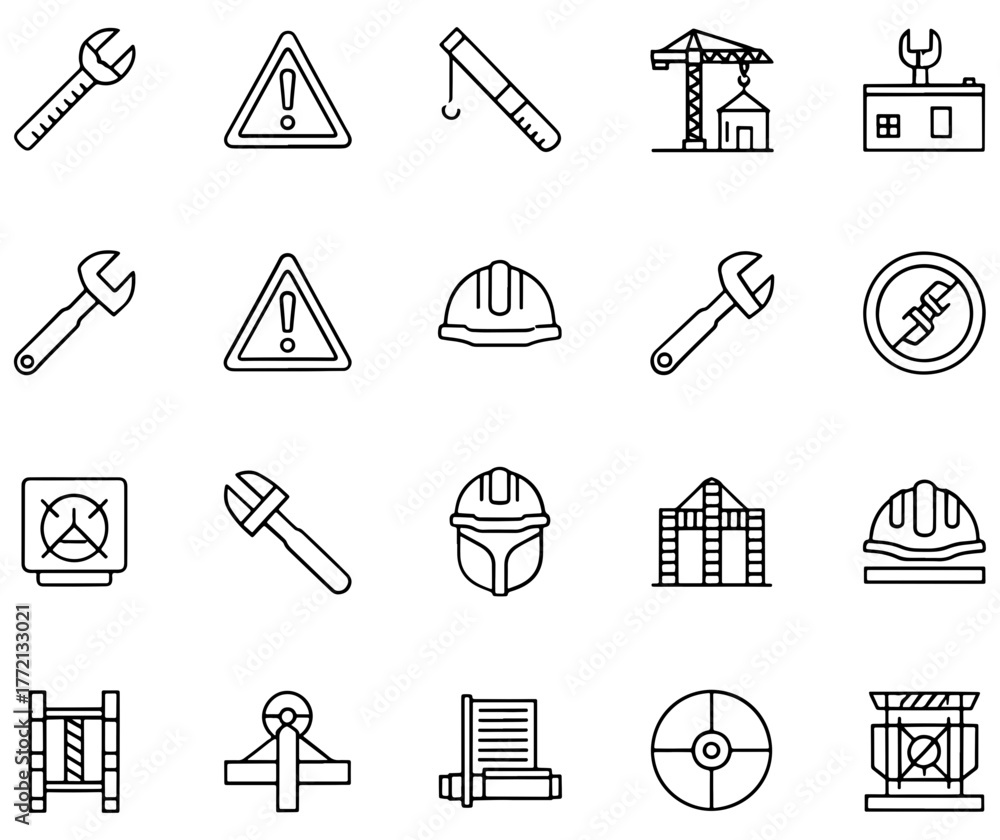 Fototapeta premium Set of construction and industry icons in linear style, depicting tools and equipment