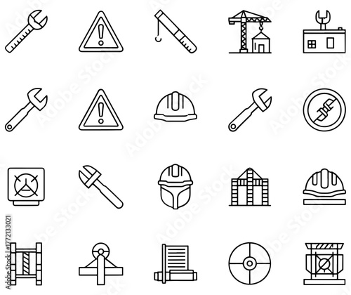 Set of construction and industry icons in linear style, depicting tools and equipment
