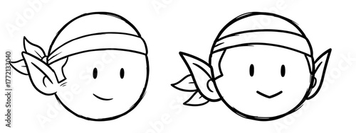 Two cute elf faces with pointy ears and headbands, whimsical characters