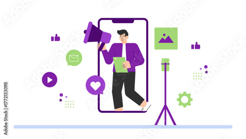 Influencer Marketing and Social Media Promotion Flat Vector Illustration