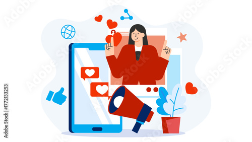 Influencer Marketing and Social Media Promotion Flat Vector Illustration