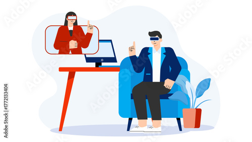 Business People Using Virtual Reality in Meeting Flat Vector Illustration