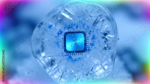 Frozen Microchip in Ice – Futuristic Technology Concept with Neon Gradient Border