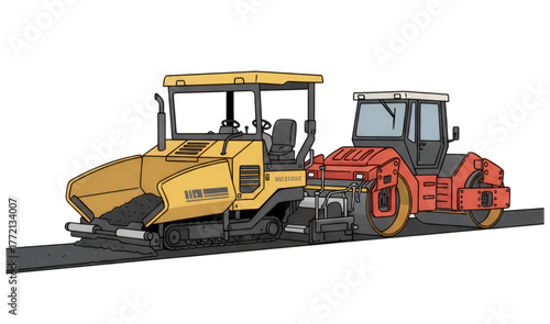 road paving process by asphalt paver car and compactor car. Isolated on a white background.