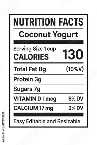 Nutrition facts label for coconut yogurt cup vector illustration on transparent background
