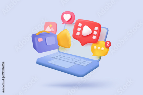 3D media data with video and photo gallery library. Searching image and video files in database. Document management soft, document form, compound docs concept. 3d file icon vector render illustration