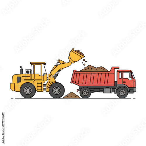 The process of loading soil material by a loader car into a dump truck. Isolated on a white background.