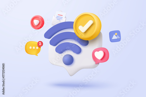 3d wireless connection and sharing network on internet. Hotspot access point for digital and online coverage. Broadcasting area with WiFi. 3d wireless signal icon rendering vector illustration