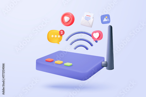 3d wireless router connection and sharing network on internet. Hotspot access point for digital and online coverage. Broadcasting area with WiFi. 3d wireless signal icon rendering vector illustration