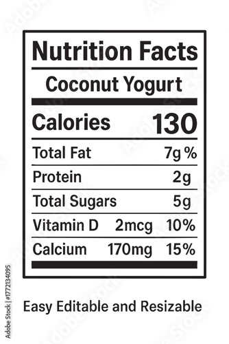 Nutrition facts label for coconut yogurt item vector illustration on transparent background