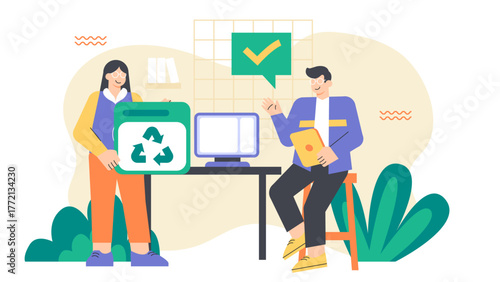 Green Office Environment and Recycling Concept Flat Vector Illustration