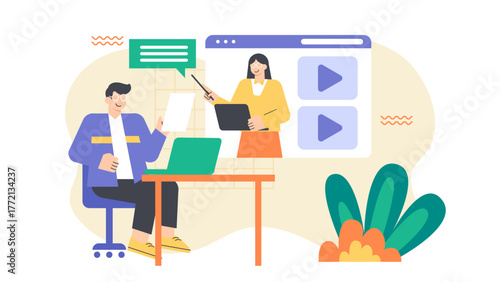 Online Business Training and Webinar Concept Flat Vector Illustration
