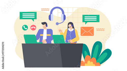 Customer Support and Call Center Team Concept Flat Vector Illustration