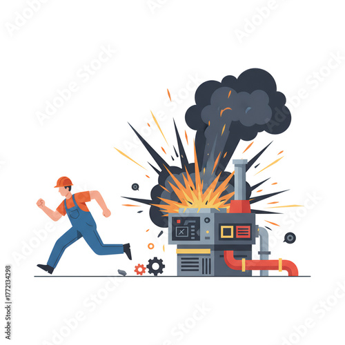 Illustration of a worker running to avoid a machine explosion. Isolated on a white background.