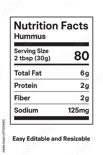 Nutrition facts label for hummus information vector illustration on transparent background