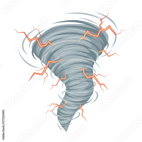 Illustration of a tornado storm with lightning effects around it. Isolated on a white background.