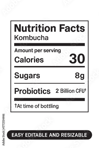 Kombucha nutrition facts label close up view vector illustration on transparent background