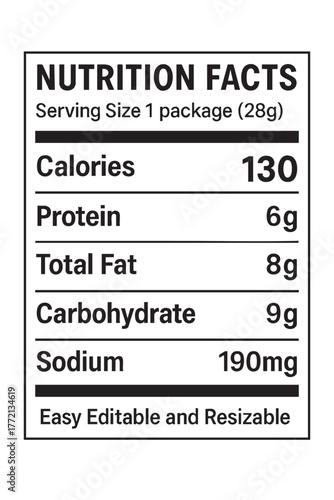 Nutrition facts label with calorie information vector illustration on transparent background