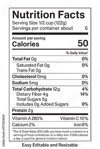 Nutrition information label with facts shown vector illustration on transparent background
